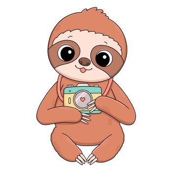 Cute baby sloth with blue yellow camera summer illustration