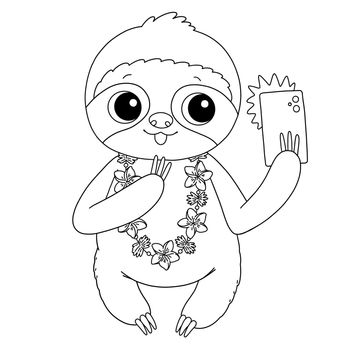 Cute sloth with hawaiian flowers and phone doing selfie summer coloring page illustration