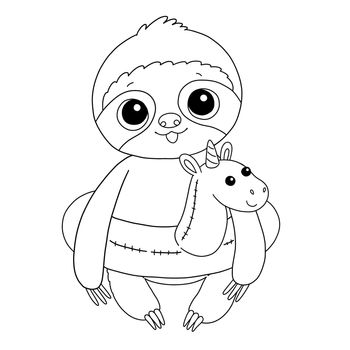 Baby sloth with unicorn rubber ring summer coloring page illustration