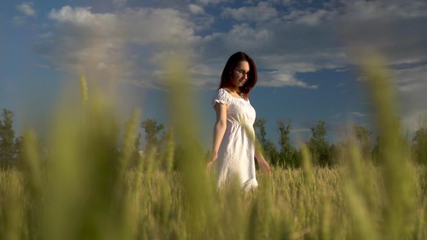 A young woman in a white dress walks on a green wheat field. View of the girl through the spikelets. 4k