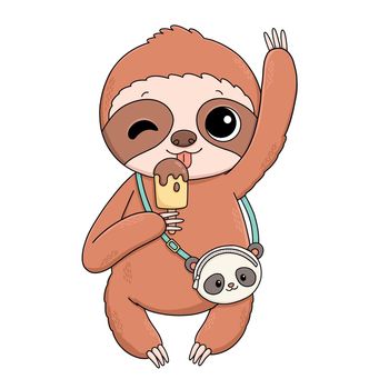 Cute sloth with ice cream and panda bag illustration