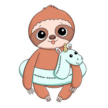 Baby sloth with unicorn rubber ring summer illustration