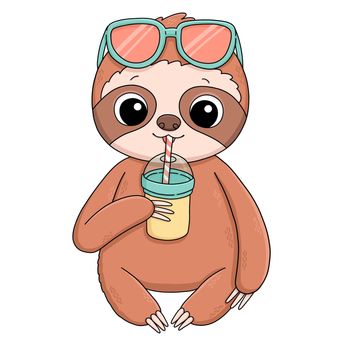 Sloth in sun glasses with smoothie drink summer illustration