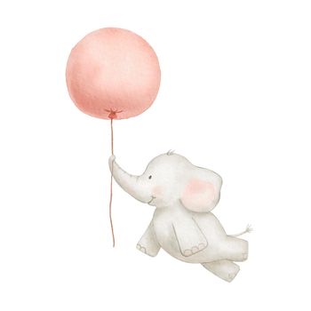 Cute baby elephant flying with red balloon. Watercolor drawing isolated on white background