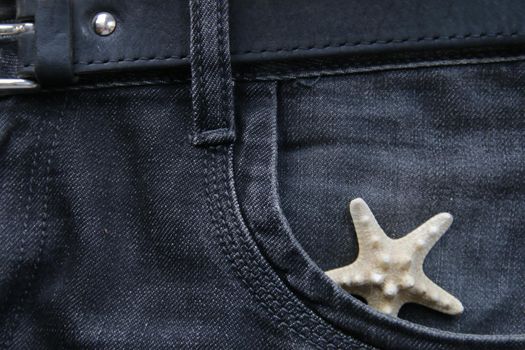 Vacation and travel concept. A starfish in a jeans pocket.