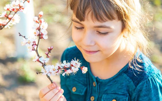 A child in the garden of flowering trees. Selective focus. Nature.