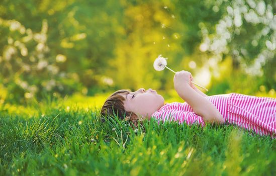 Child girl with dandelions in the park. Selective focus.