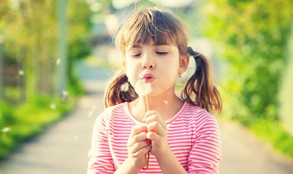 Child girl with dandelions in the park. Selective focus.