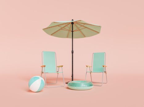 3D rendering of inflatable swim ring and ball placed near aluminium folding chairs and parasol against pink background