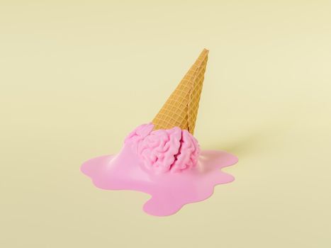 Creative 3D rendering of pink melted brain shaped ice cream in waffle cone against beige background