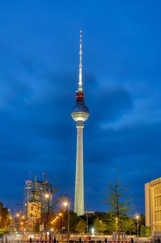 The famous TV Tower of Berlin seen from the Museum Island at night