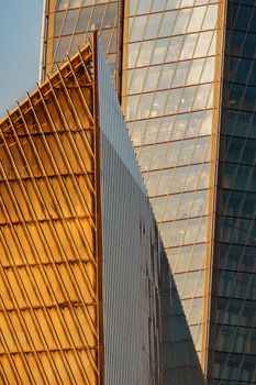 Russia, St. Petersburg, 10 June 2022: The skyscraper Lakhta center of the gas company Gazprom at sunset, glass and iron facade. High quality photo