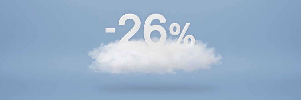 Discount 26 percent. Big discounts, sale up to twenty six percent. 3D numbers float on a cloud on a blue background. Copy space. Advertising banner and poster to be inserted into the project.