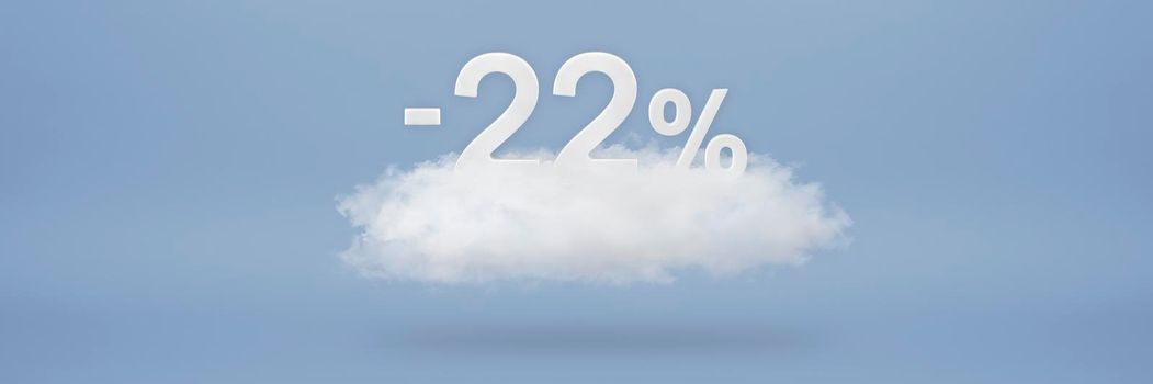 Discount 22 percent. Big discounts, sale up to twenty two percent. 3D numbers float on a cloud on a blue background. Copy space. Advertising banner and poster to be inserted into the project.