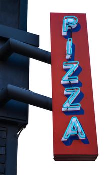 Isolated Retro Neon Pizza Sign Attached To A Building