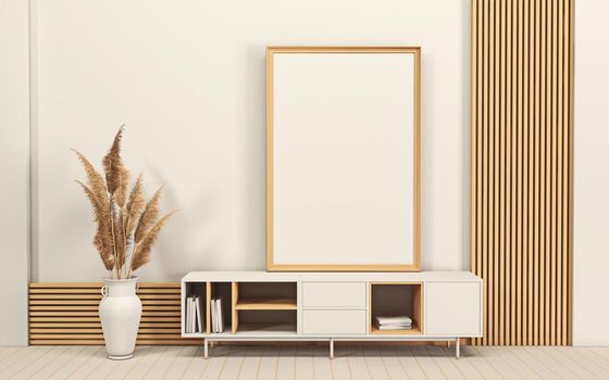 Mock up poster frames with cabinet and big dried plant in modern interior background 3D render 3D illustration