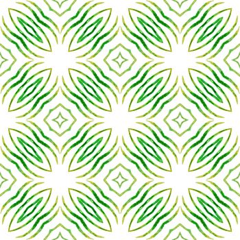 Watercolor ikat repeating tile border. Green alive boho chic summer design. Textile ready emotional print, swimwear fabric, wallpaper, wrapping. Ikat repeating swimwear design.