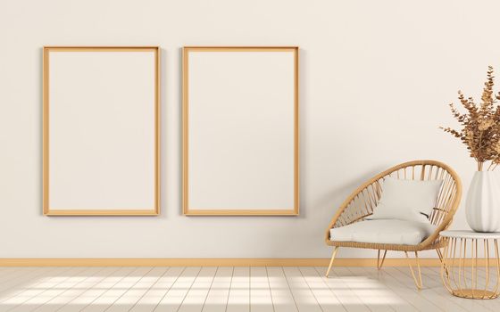 Mock up poster frames with minimal armchair and table in modern interior background 3D render 3D illustration