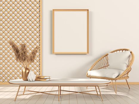 Mock up poster frames with wooden wall panel in modern interior background 3D render 3D illustration