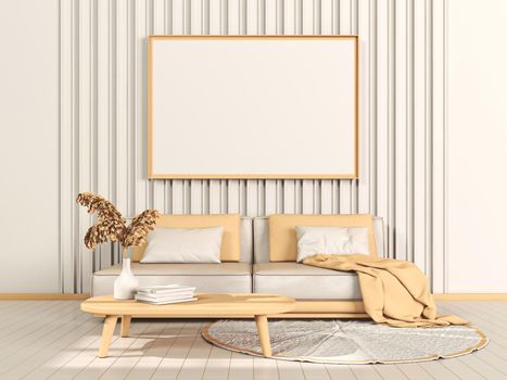 Mock up poster frames with wall panel and simple sofa in modern interior background 3D render 3D illustration