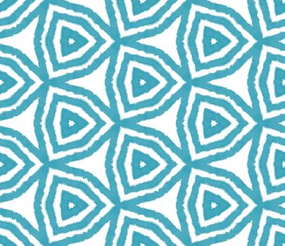 Ikat repeating swimwear design. Turquoise symmetrical kaleidoscope background. Summer ikat sweamwear pattern. Textile ready neat print, swimwear fabric, wallpaper, wrapping.
