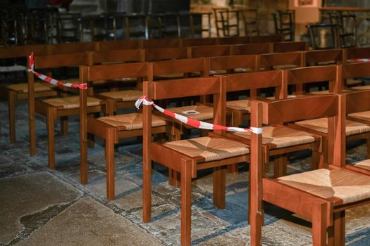 A church with empty seats during the coronavirus pandemic Covid-19.