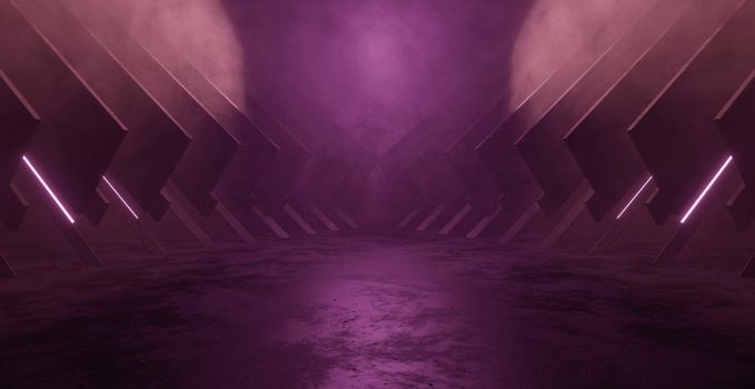 Sci Fi Futuristic Garage Purple Spaceship Studio Showroom Gallery Concrete Asphalt Tunnel Corridor 3D Rendering