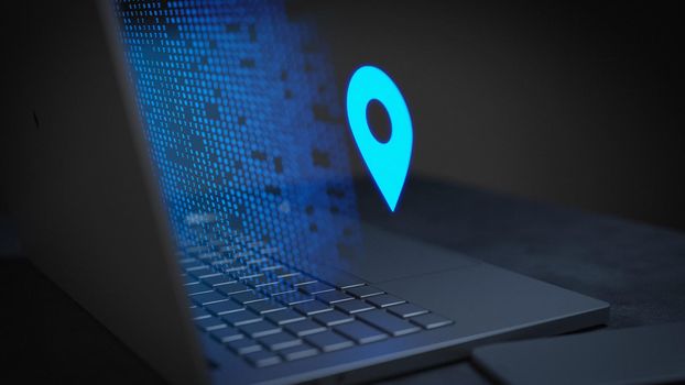Location geo icon online network glowing on a laptop with technology effects 3D Render