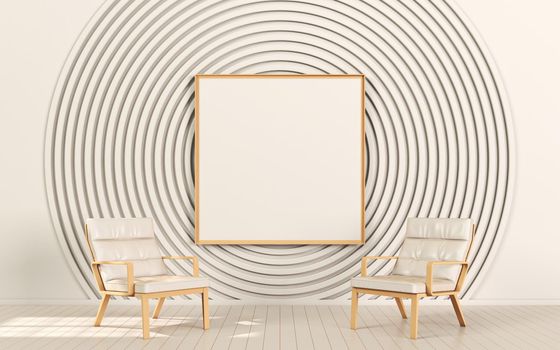 Mock up poster frames with two armchairs and circles in modern interior background 3D render 3D illustration