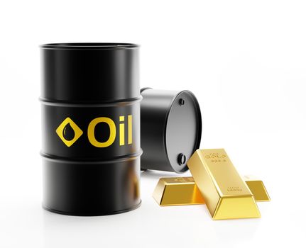 Oil barrels and gold bars isolated on white background 3D render