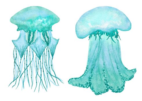 Watercolor illustration of jellyfish in blue turquoise purple colors, ocean sea underwater wildlife animals. Nautical summer beach design, coral reef life nature