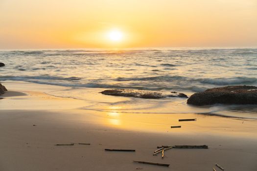 Sea landscape at sunset, stone coast Dramatic ocean background at evening dusk Almost night