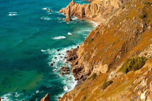 Atlantic ocean view with cliff. View of Atlantic Coast at Portugal, Cabo da Roca. Summer day. Seaside. Coastline. Beautiful landscape