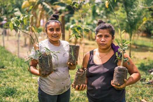 Nicaraguan women, mother and daughter holding plants in their hands and looking at camera in rural Masaya, Nicaragua