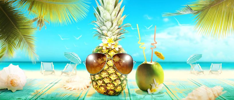 Tropical summer vacation concept with funny pineapple.