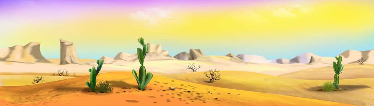 Cacti in the desert landscape on a sunny day. Digital Painting Background, Illustration.