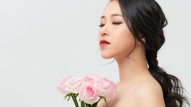 Young Happy Bride With Flower Bouquet