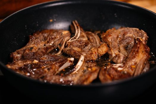 Lamb Cooking. Delicious Meat dish. Close Up. Appetizing Meat Dish.