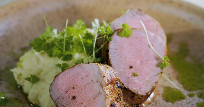 Pork Tenderloin Prepared for Serving - Art Food, Gourmet Meal Close Up.