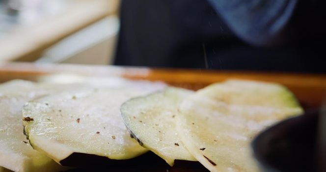 Macro details Herbs Seasoning Eggplant for Cooking. Vegan Food Healthy Concept Vegetables