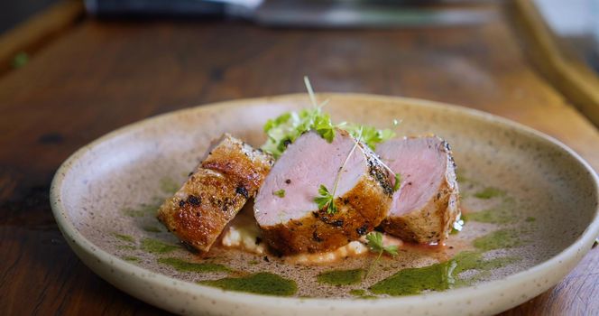 Pork Tenderloin Prepared for Serving - Art Food, Gourmet Meal