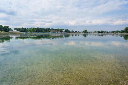 Idroscalo lake park, in the front of stands, cloudy day, Milan, Italy.