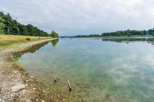 Idroscalo lake park, in the front of stands, cloudy day, Milan, Italy.