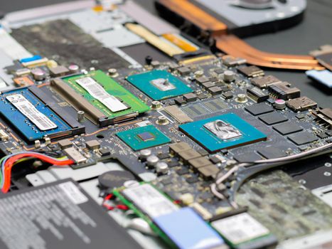 Applying thermal paste to the graphics processor and CPU of a laptop computer. Cooling upgrade concept.