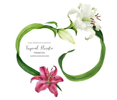 Tropical heart wreath with oriental lilies, watercolor with clipping path