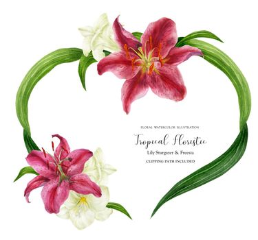 Tropical heart wreath with stargazer lily and white freesia, watercolor with clipping path