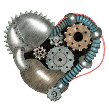 Hand Drawn Illustration of Colorful Steampunk Heart in Gray and Brown Colors on White Background. Steampunk Heart Design Element Drawn by Color Pencils.