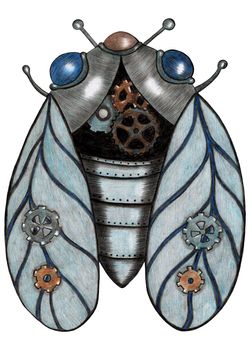 Design Element Hand Drawn Illustration of Colorful Steampunk Cicada Isolated on White Background. Steampunk Cicada Drawn by Colored Pencils.