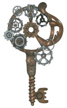 Hand Drawn Illustration of Colorful Steampunk Key in Gray and Brown Colors on White Background. Steampunk Key Design Element Drawn by Color Pencils.