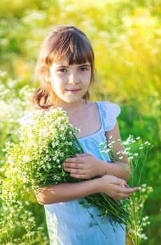 Child girl in a camomile field. Selective focus. nature.